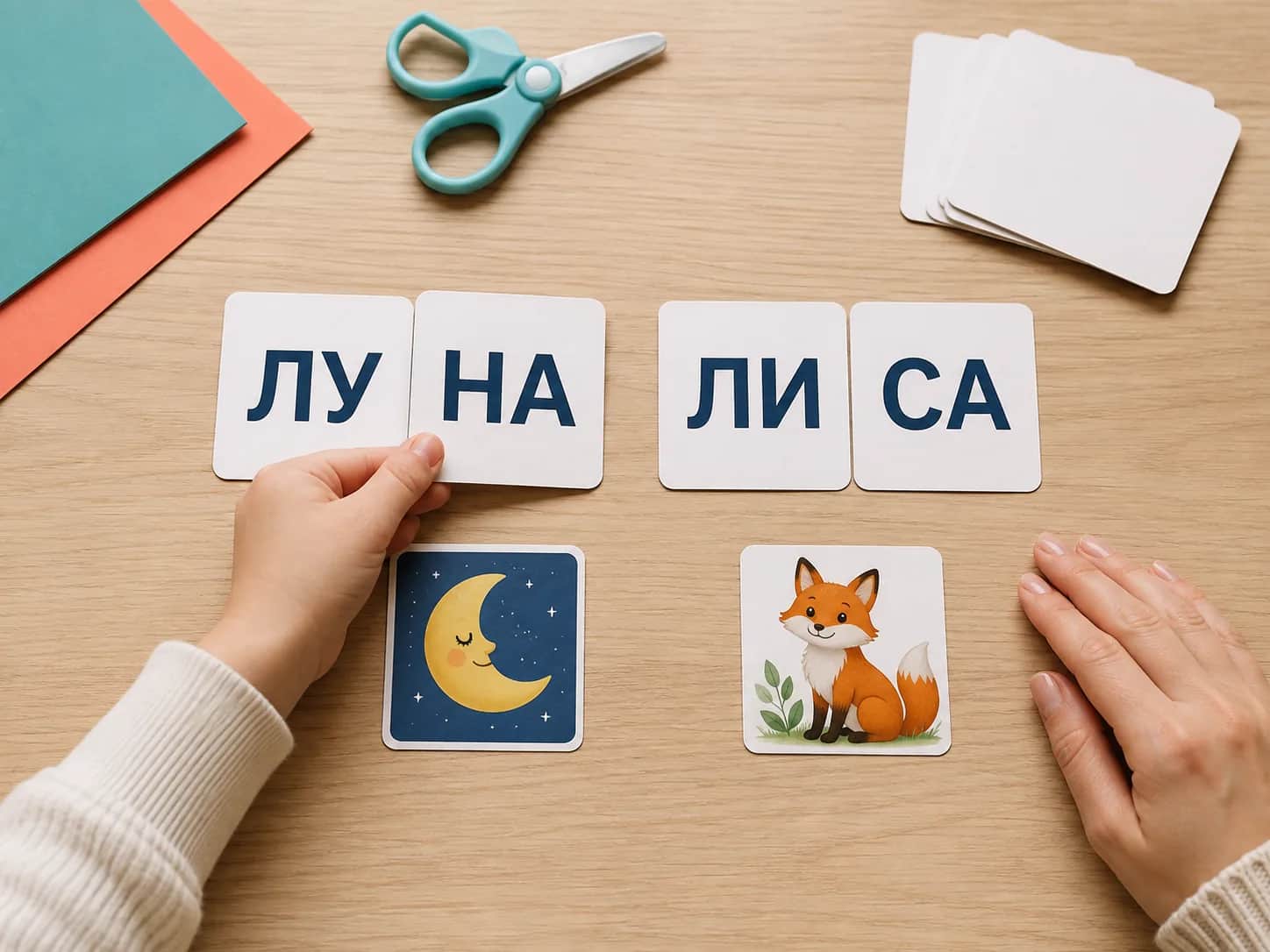 Крупные карточки ЛУ, НА, ЛИ и СА рядом с картинками луны и лисы на столе для слоговой игры