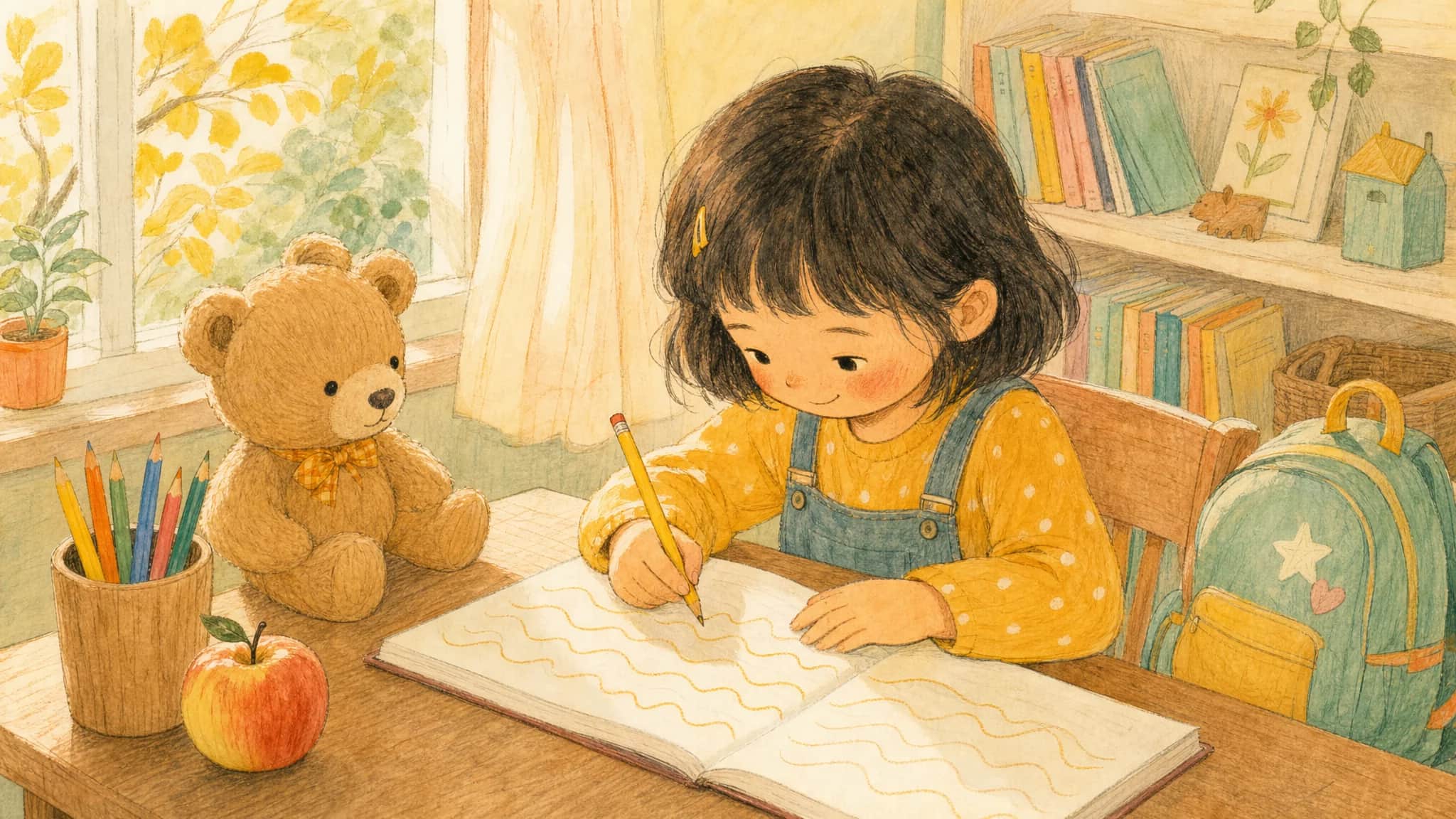 Ребёнок 6-7 лет сидит за столом дома, рисует прописи карандашом, рядом раскрытая тетрадь и яркие фломастеры