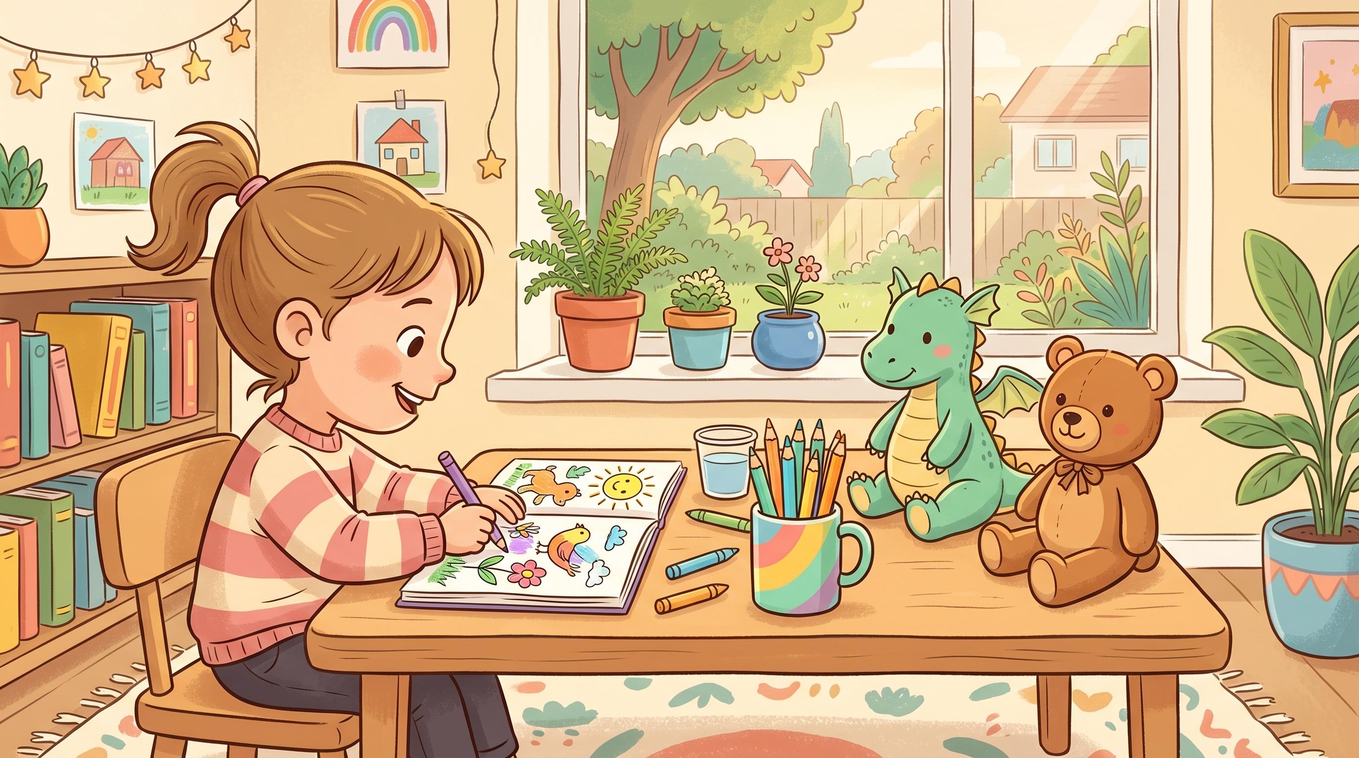 Дети раскрашивают за столом в уютной комнате с игрушками и растениями