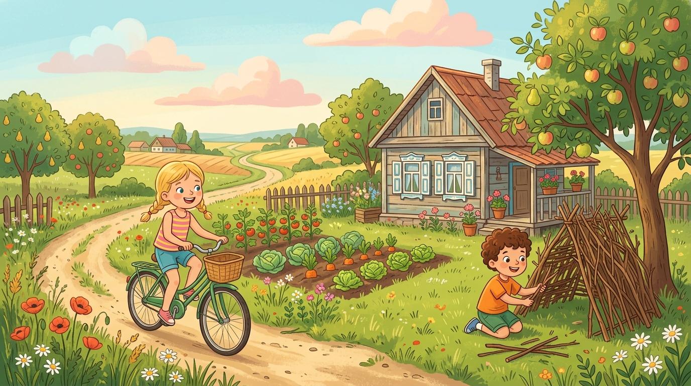 Дети играют на даче летом — велосипеды, поле, шалаш