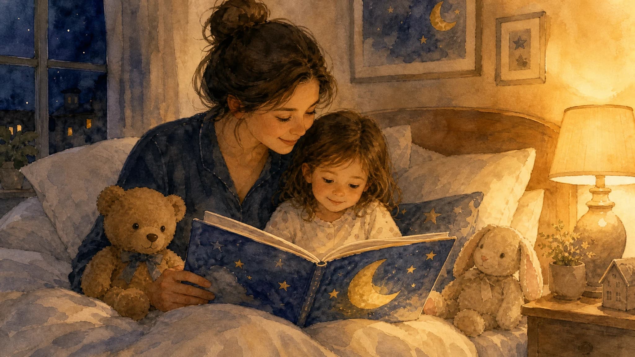 Чтение сказки на ночь: мама и ребёнок 4-5 лет читают книгу при мягком свете ночника
