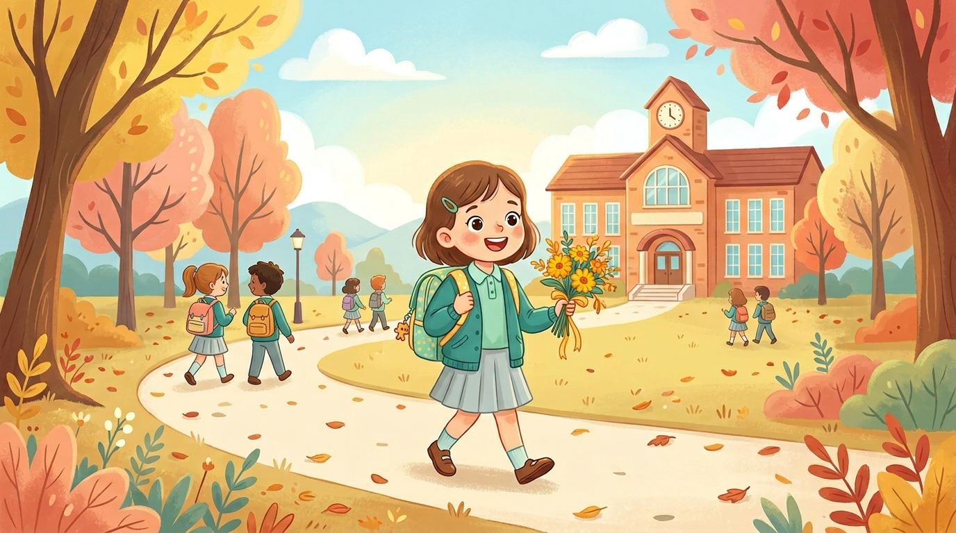 Первоклассник с букетом и рюкзаком в школьной форме перед школой