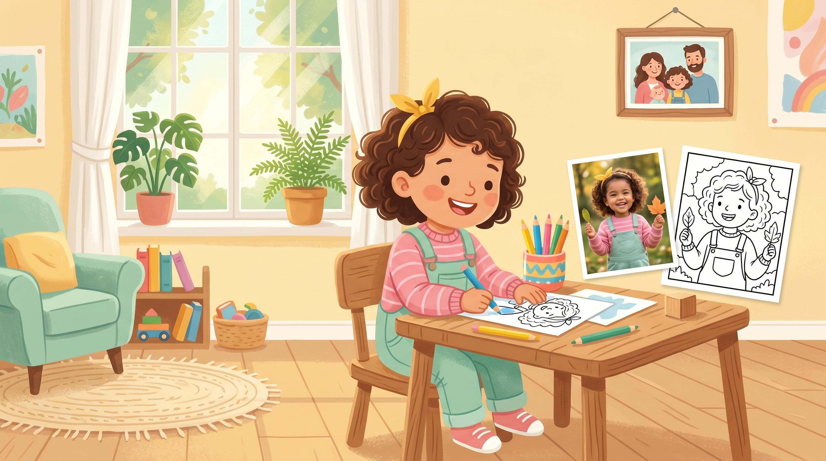 Ребёнок с цветными карандашами и фотография, превращающаяся в раскраску