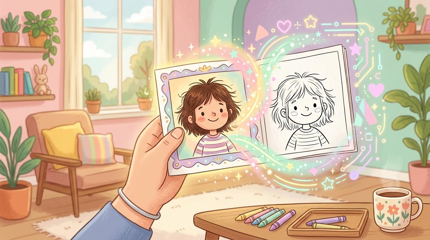 Фотография ребёнка превращается в страницы книги-раскраски — каждая со своим сюжетом