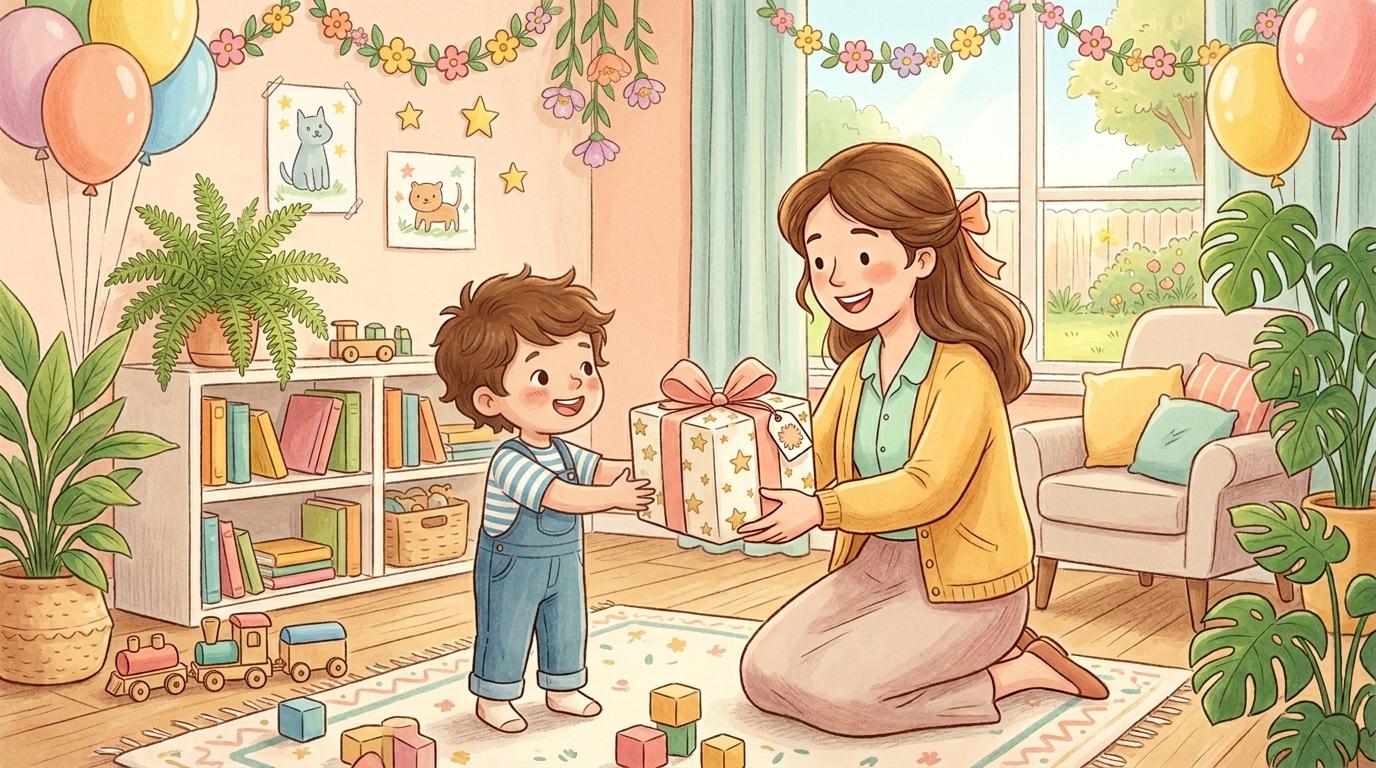 Крёстная вручает крестнику подарочную коробку с подписанной книгой