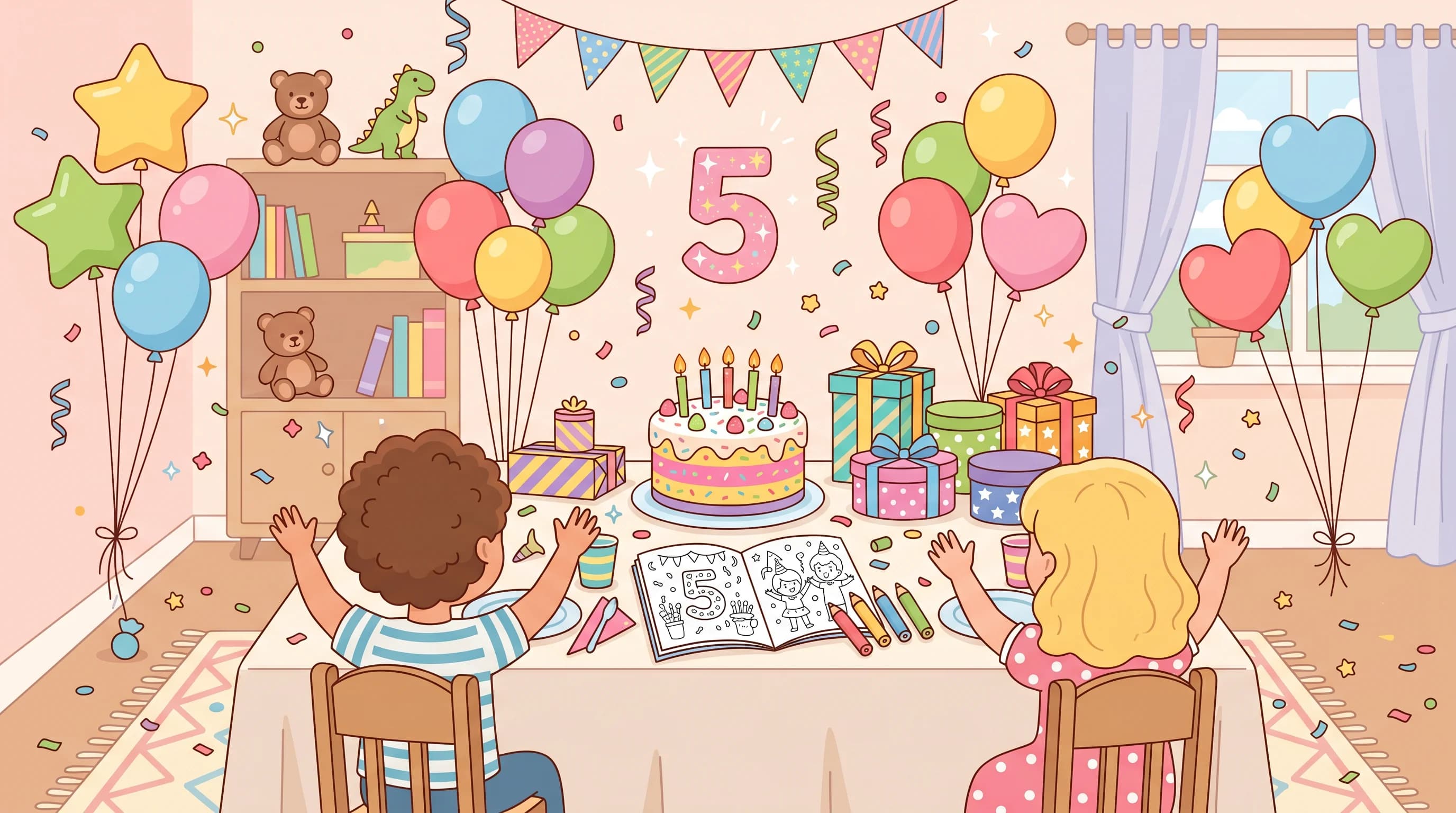 Ребёнок 4-5 лет открывает подарочную коробку с книжкой-раскраской на день рождения