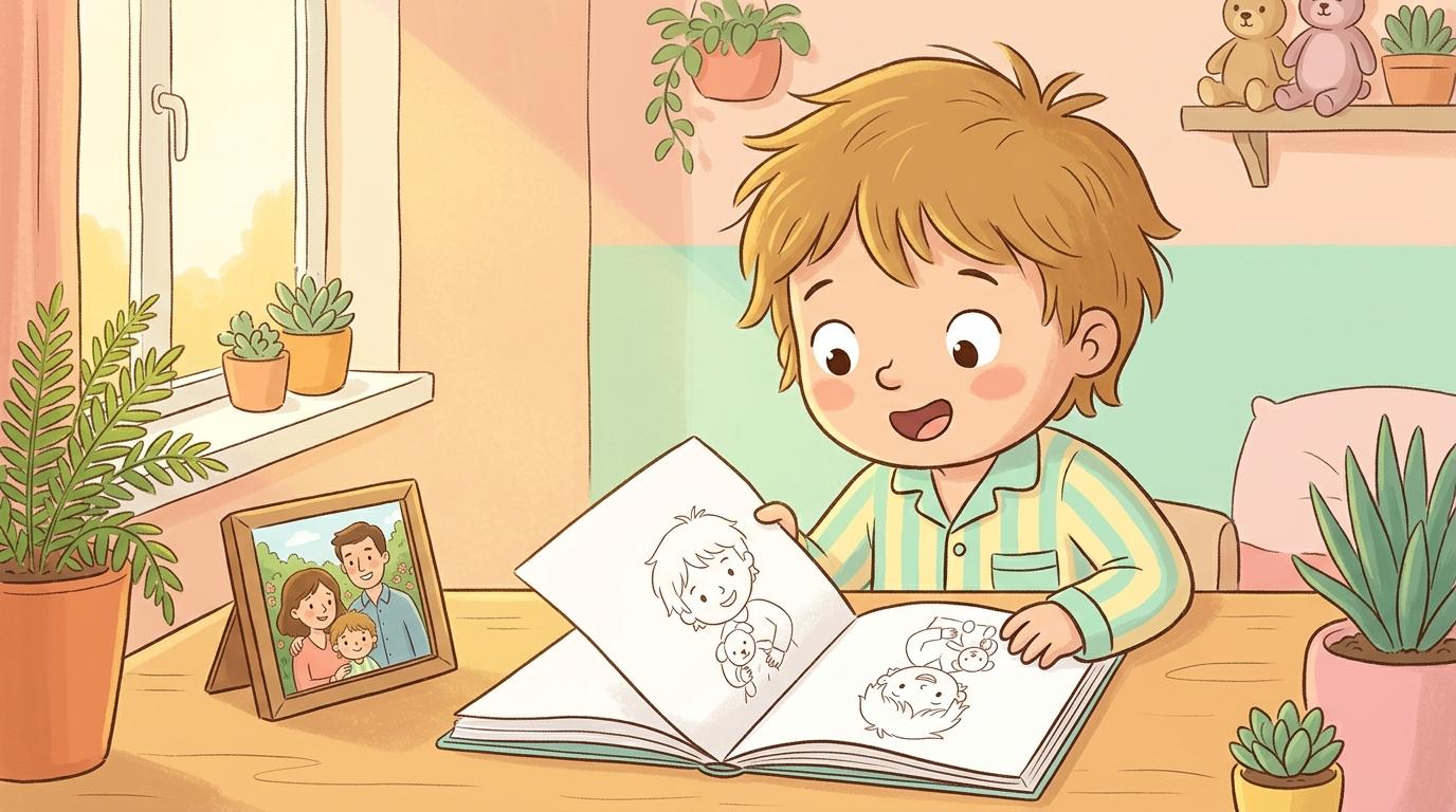 Ребёнок смотрит на раскраску, в которой узнаёт себя — фото и контурный рисунок