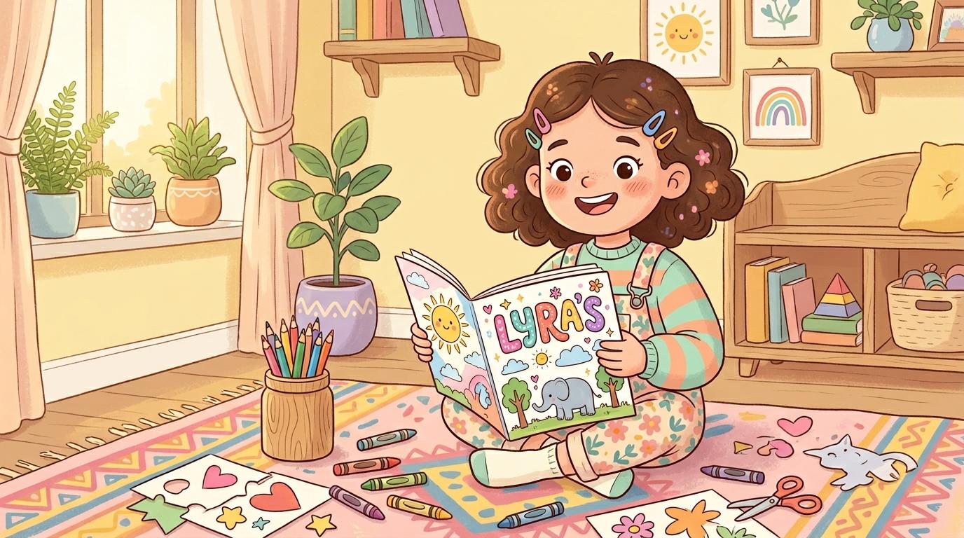 Книга-раскраска с именем ребёнка на обложке и цветными карандашами