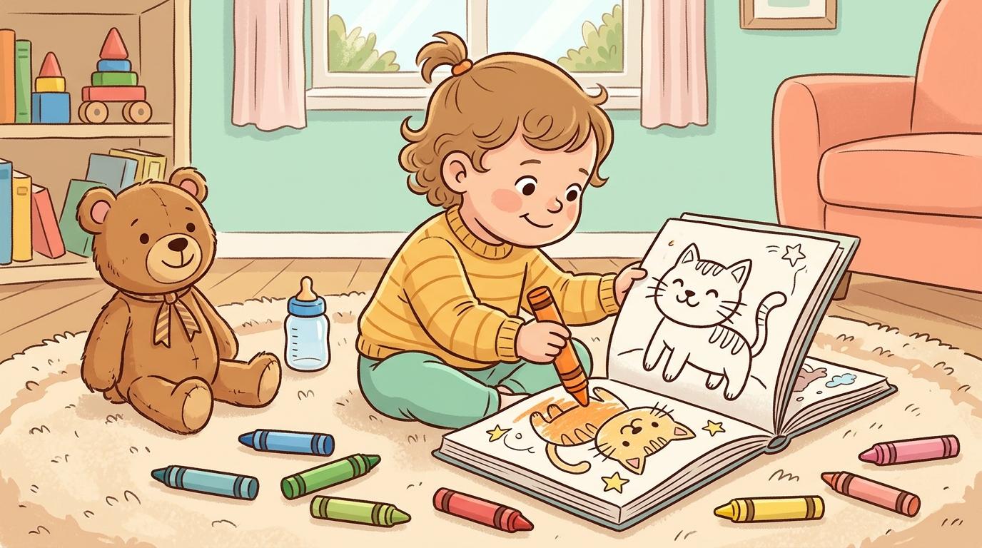 Малыш 2-3 лет с толстым восковым мелком раскрашивает крупный контур животного