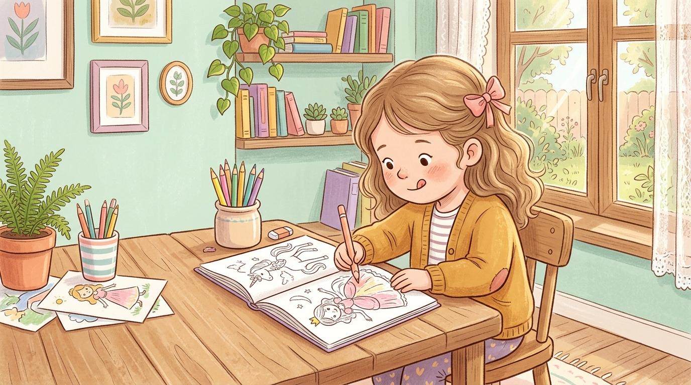 Девочка 5 лет аккуратно раскрашивает принцессу в книге-раскраске