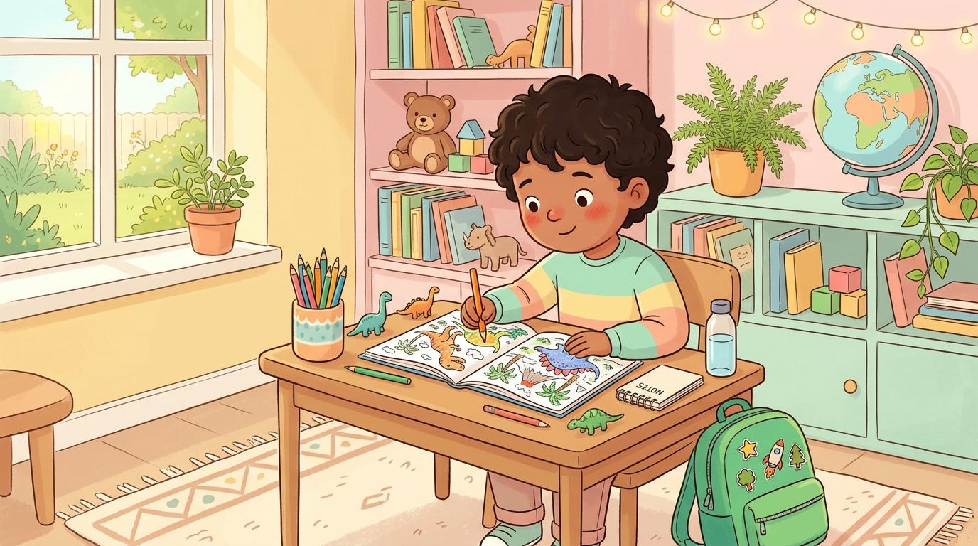 Ребёнок 6-7 лет с цветными карандашами и сложной раскраской с мелкими деталями