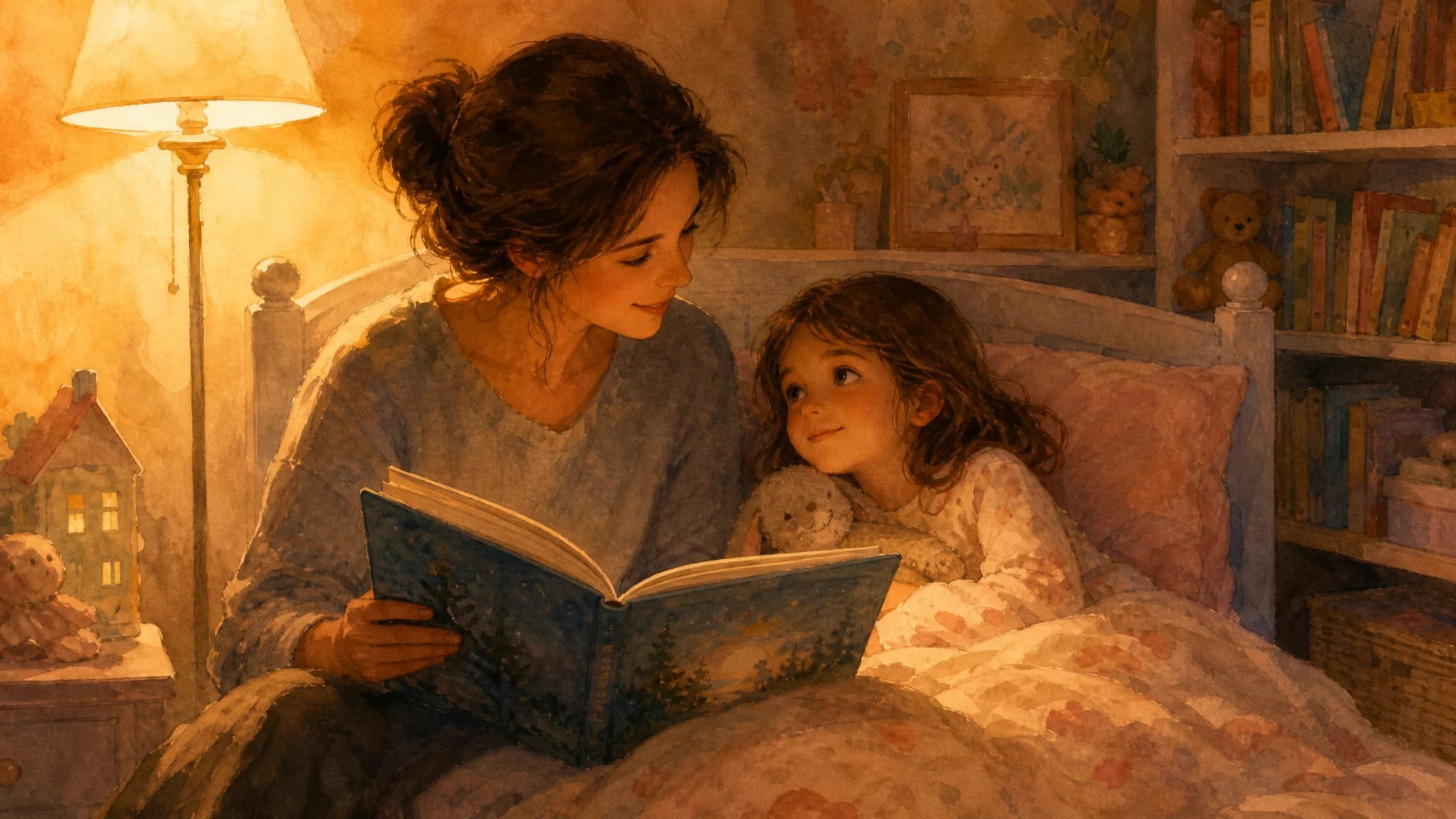 Мама с ребёнком 7 лет читают книгу вслух перед сном, тёплый свет торшера
