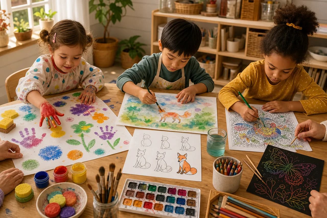 Рисование для детей 3–7 лет: отпечатки ладоней, акварель, пошаговый рисунок, граттаж и раскрашивание