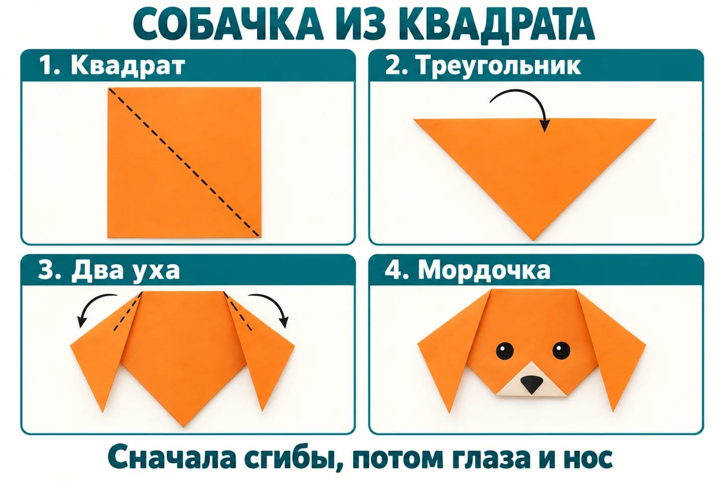 Квадрат, треугольник, уши и мордочка собаки оригами