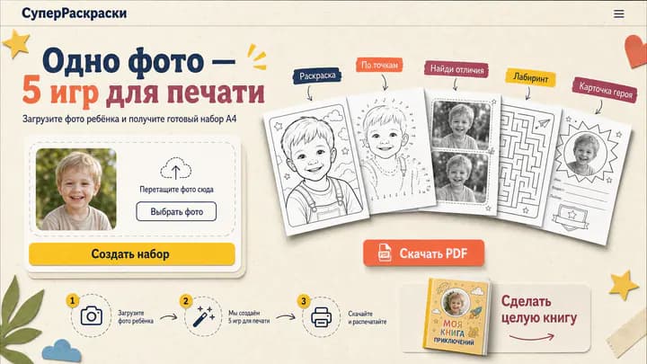Пример сервиса, который превращает фотографию ребёнка в задания для печати