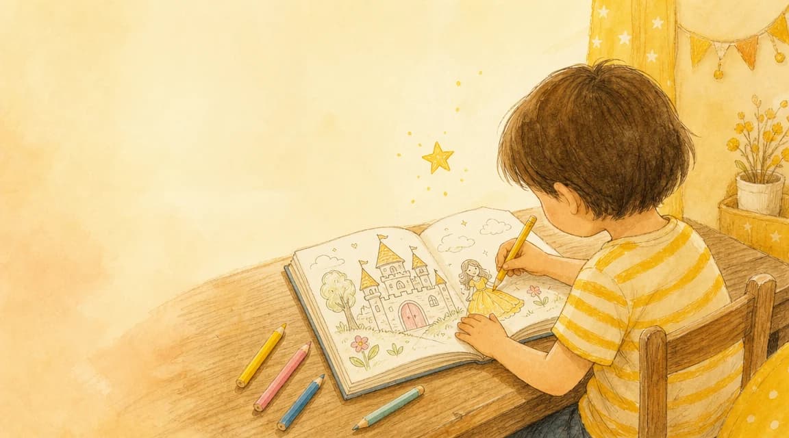 Ребёнок 5-6 лет за деревянным столом раскрашивает PDF-книгу с собственным портретом в сюжете - принцесса в замке - под тёплым дневным светом