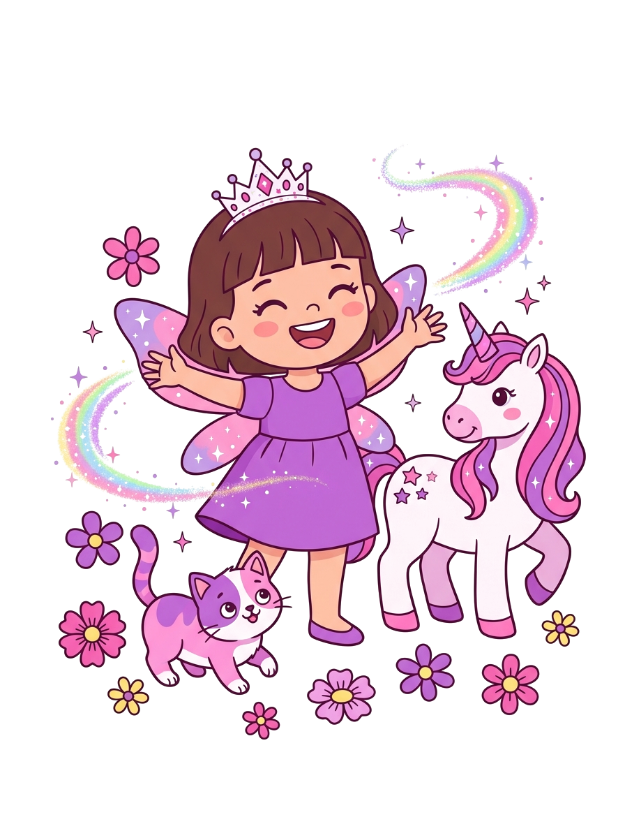 Персональная книга-раскраска для девочек — девочка в окружении принцесс, единорогов и фей