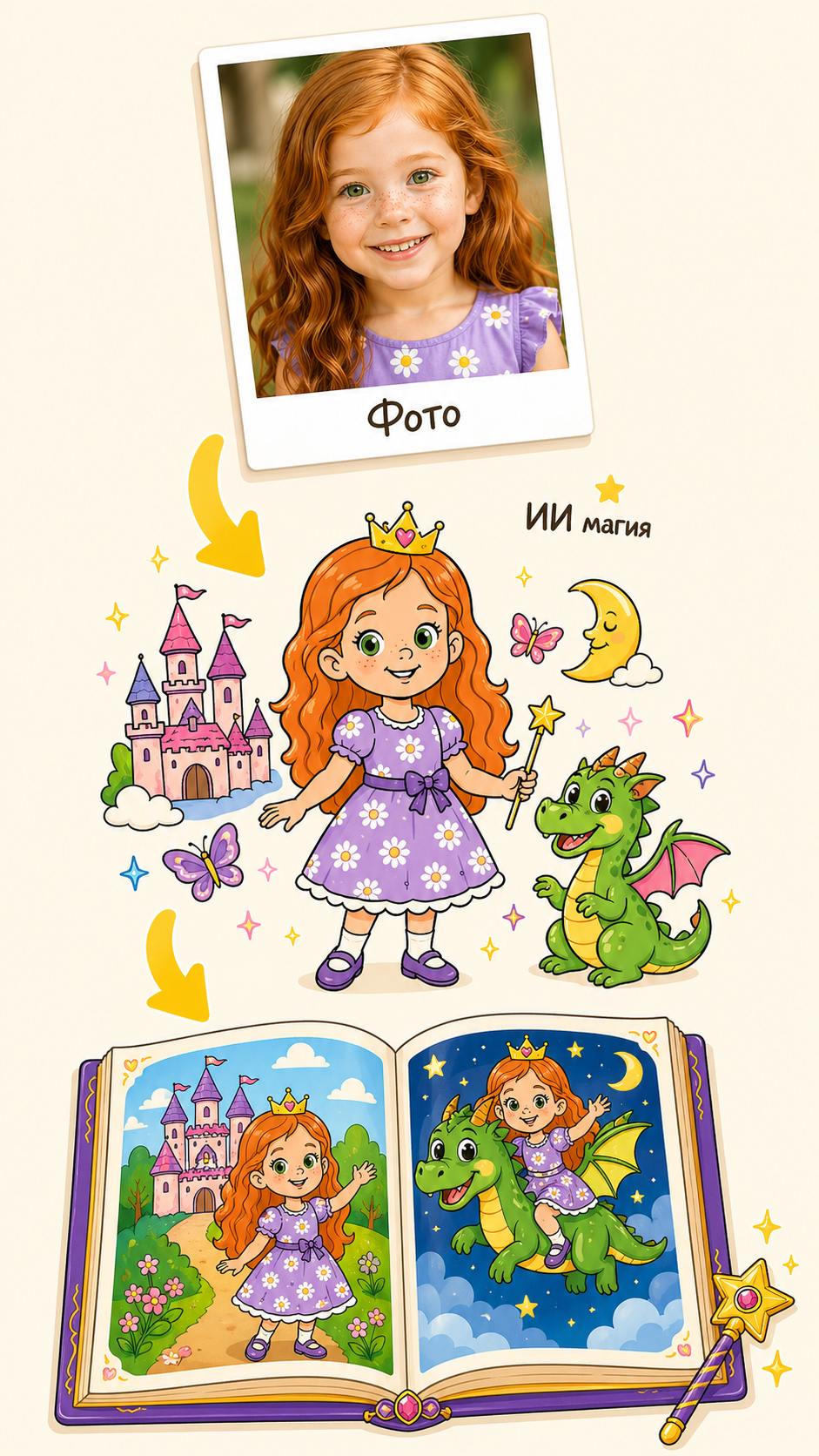Из фото ребёнка получается цветная книга-сказка