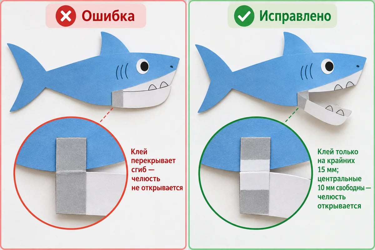 Закрытая и открытая пасть акулы рядом со схемой клеевых концов и свободной середины шарнира