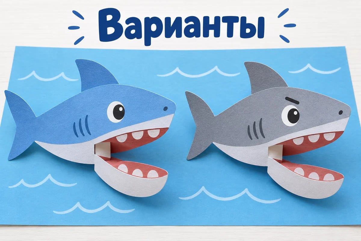 Синяя и серая бумажные акулы с разными нарисованными выражениями морды на фоне волн