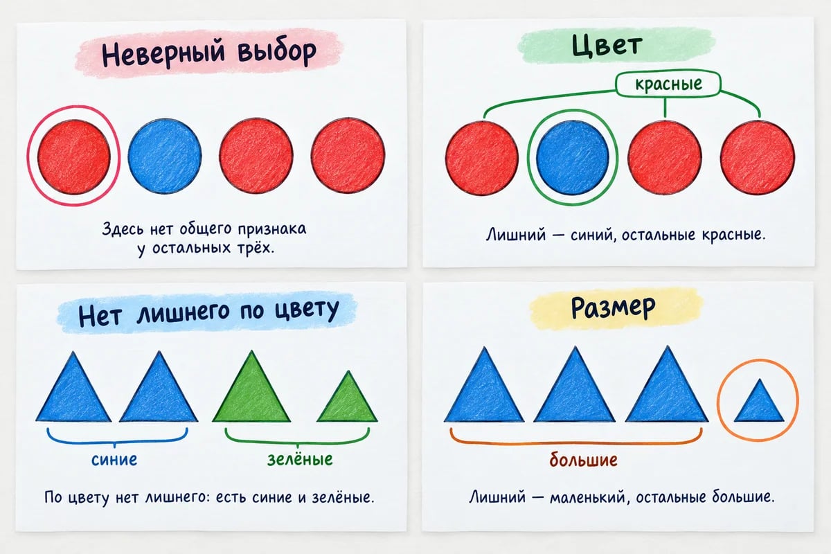 Неверный выбор в цветовой четвёрке и сравнение цветовых пар с выделением маленького треугольника по размеру.
