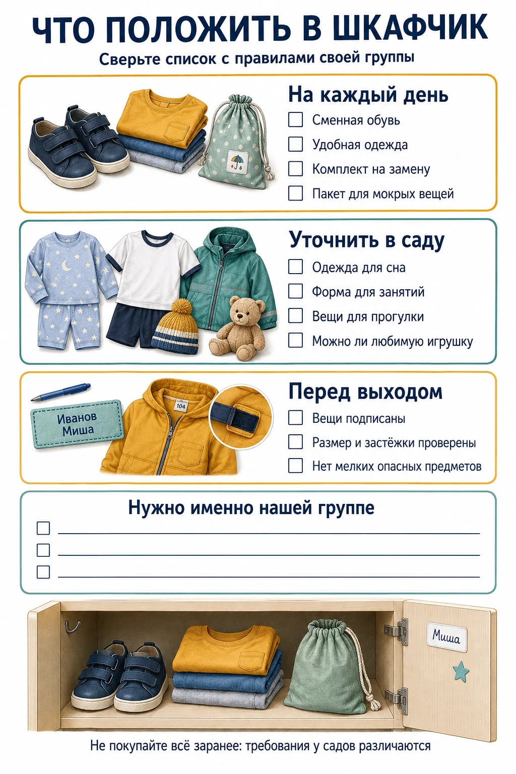 Чек-лист вещей в шкафчик детского сада: одежда, обувь, запас, вопросы воспитателю, маркировка и пустые строки для требований группы