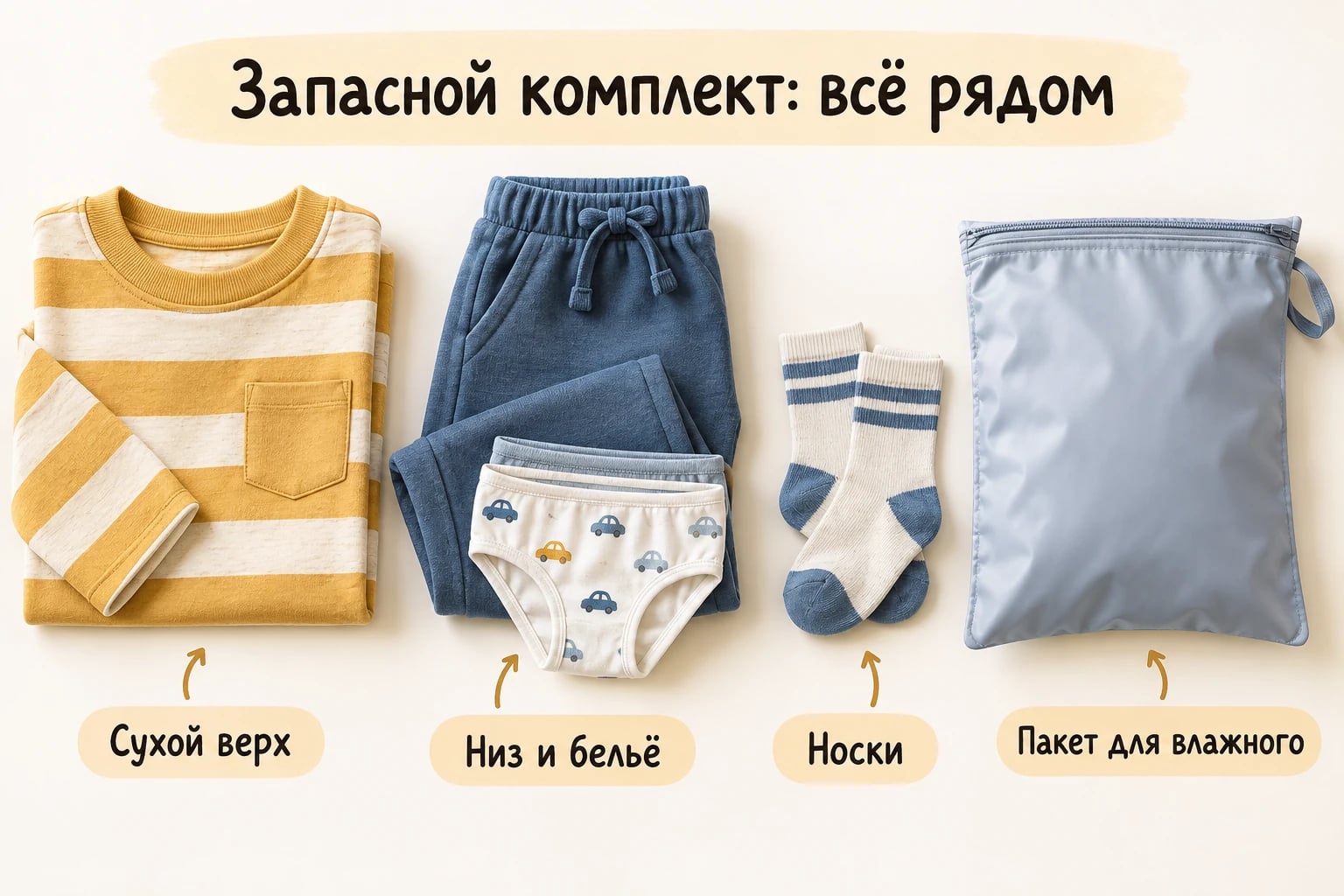 Запасной комплект: всё рядом. Сухой верх; Низ и бельё; Носки; Пакет для влажного.