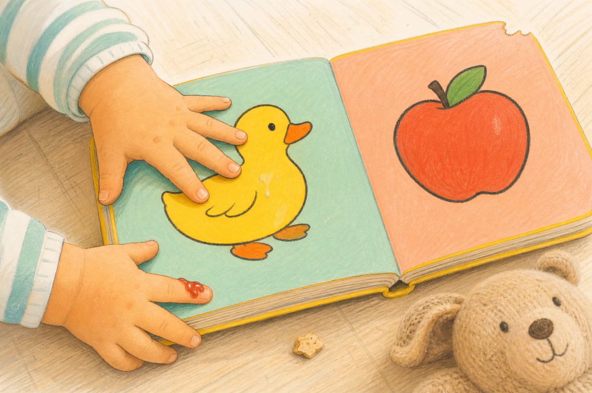 Крупный план: пальцы малыша 2-3 лет на странице толстой картонной книжки с иллюстрацией утёнка и яблока