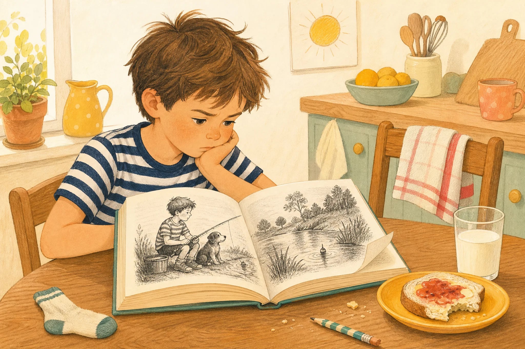 Школьник 7-8 лет в полосатой футболке за деревянным кухонным столом сосредоточенно читает классическую советскую книгу с чёрно-белыми иллюстрациями