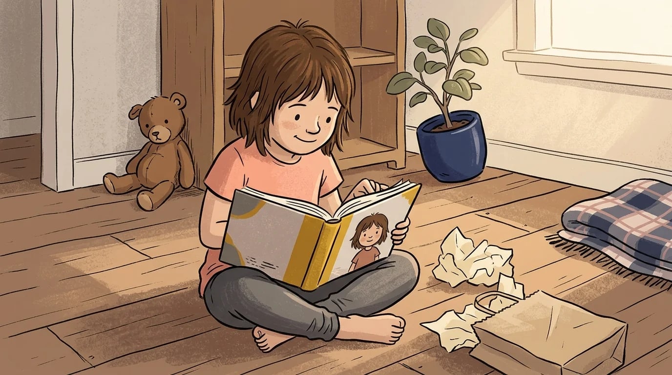 Ребёнок 7 лет с улыбкой узнавания смотрит на открытую персональную книгу-раскраску, рядом подарочный пакет