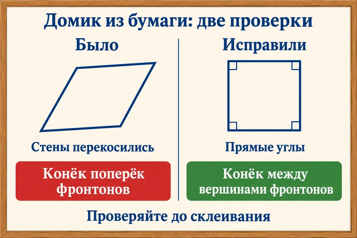 Плоское сравнение перекошенных и прямых углов четырёх стен и памятка о направлении конька
