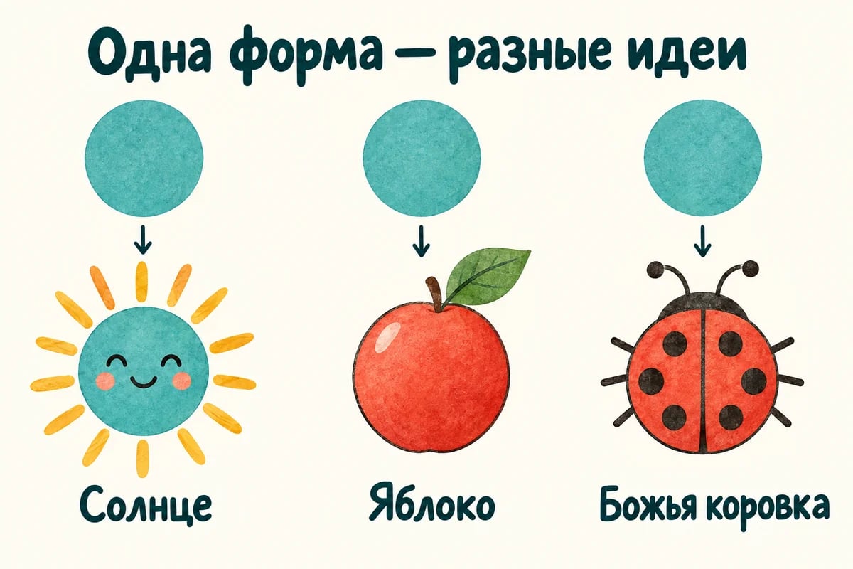 Круг превращается в солнце, яблоко или божью коровку