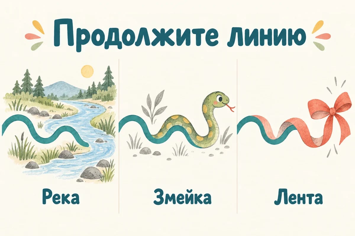 Одна волнистая линия становится рекой, змейкой или лентой