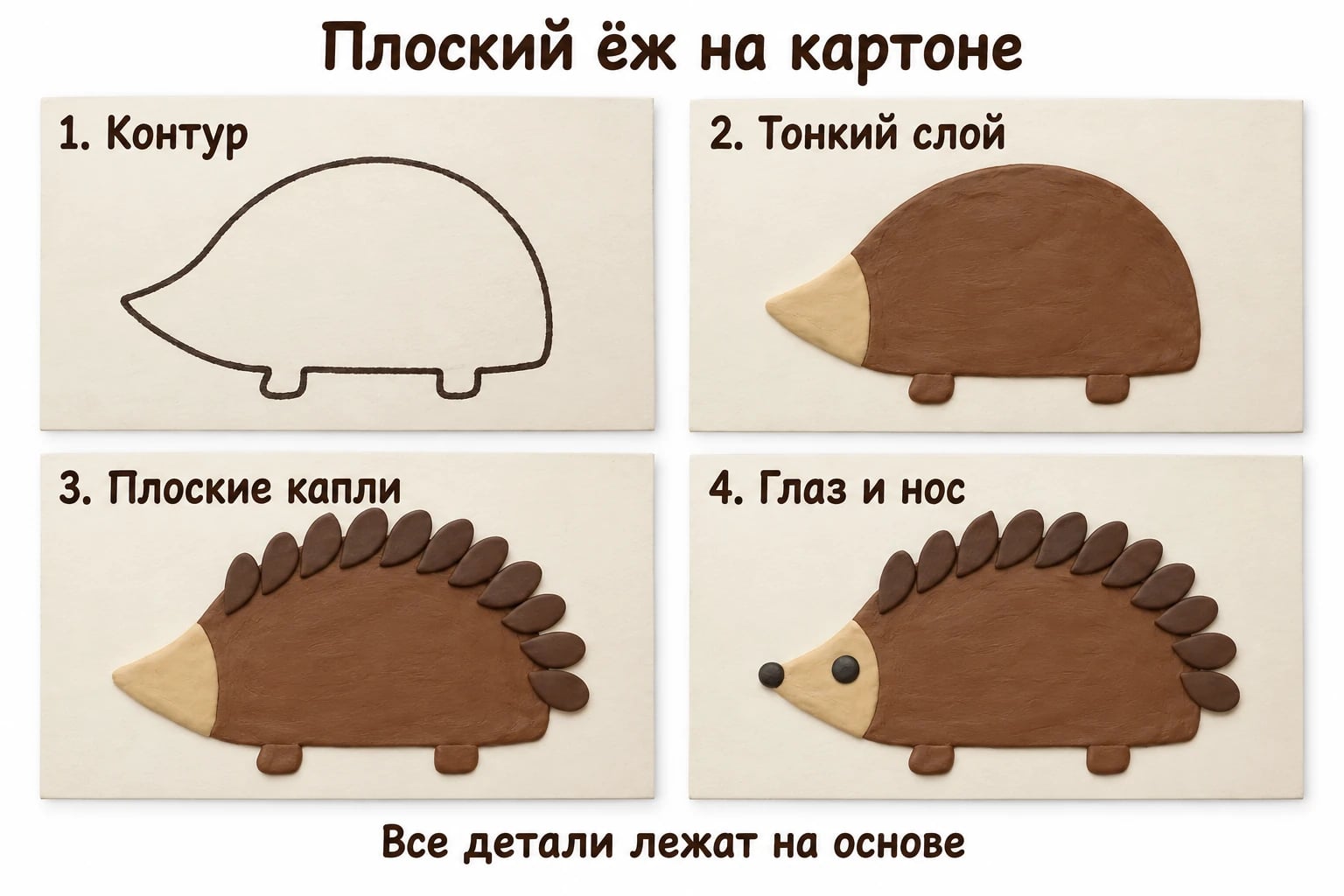 Плоский ёж на картоне. 1. Контур; 2. Тонкий слой; 3. Плоские капли; 4. Глаз и нос.