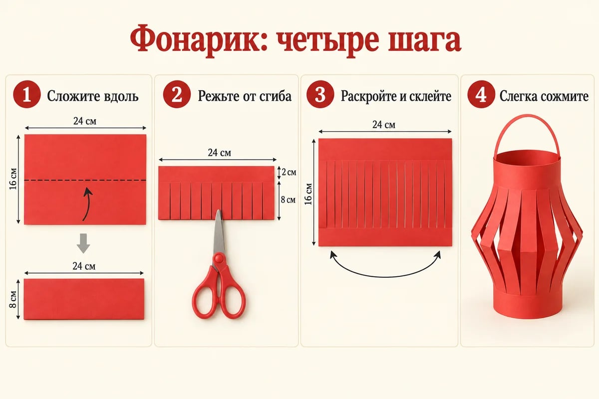Последовательность сборки бумажного фонарика с сохранёнными ободками