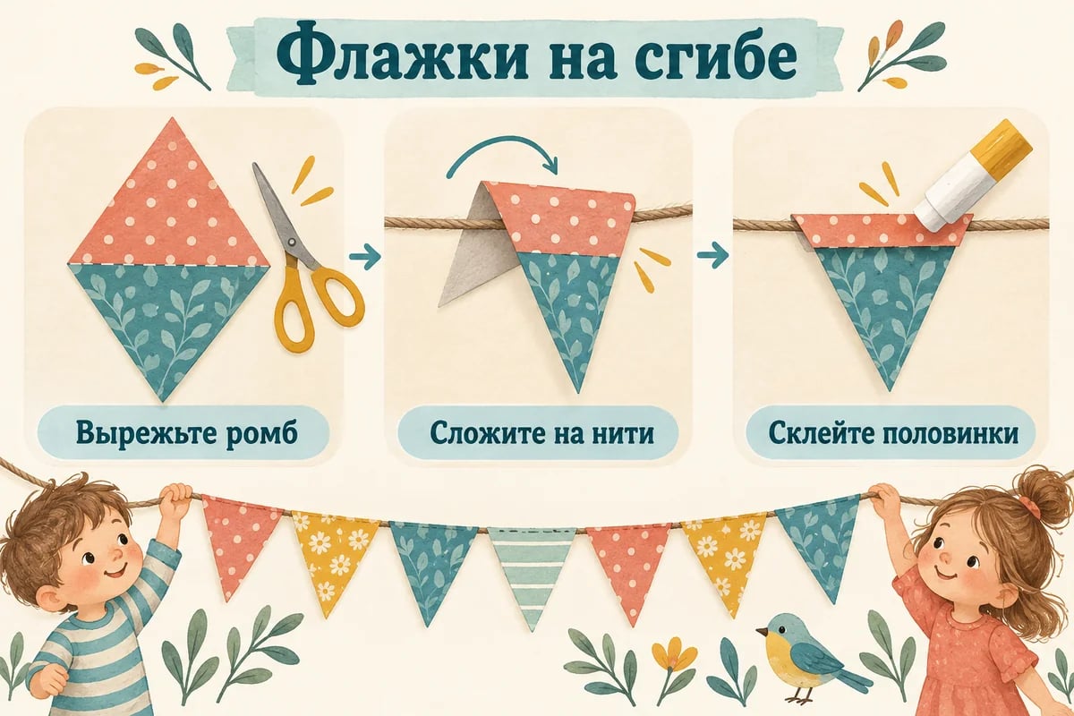 Ромб складывается вокруг нити в двойной флажок