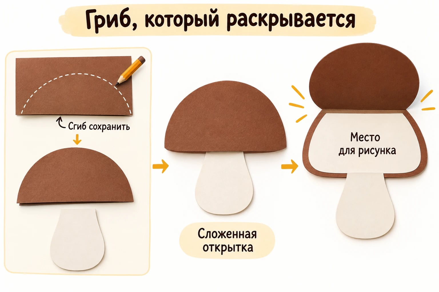 Гриб, который раскрывается. Сгиб сохранить; Сложенная открытка; Место для рисунка.