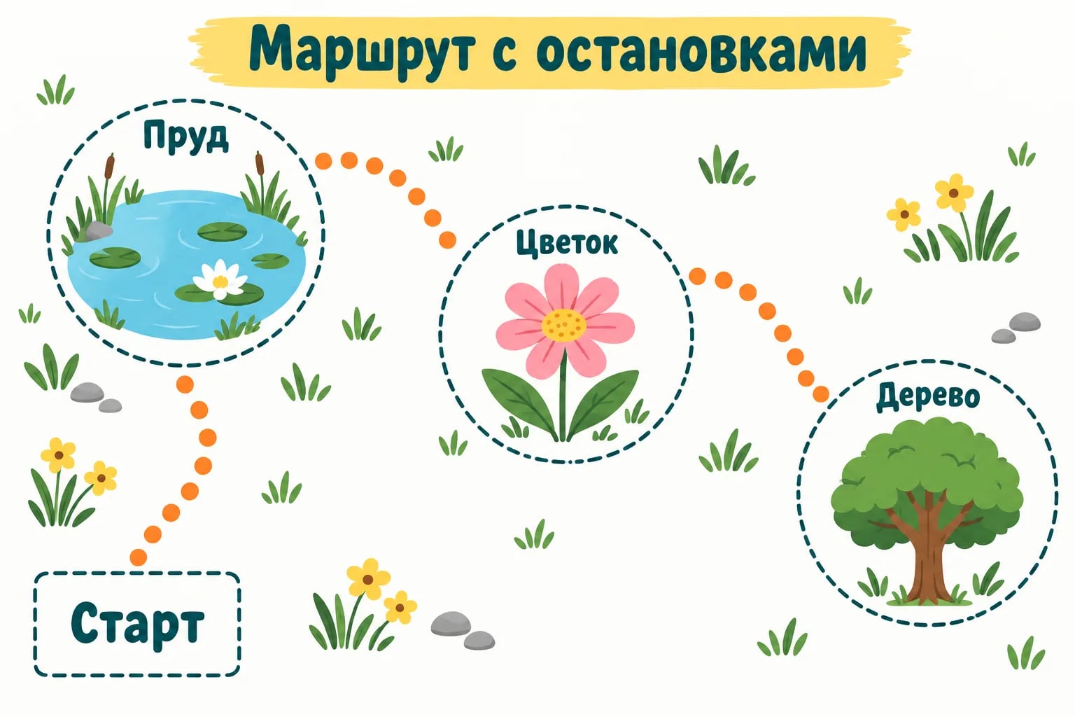Плоский маршрут для лягушки: пруд, цветок и дерево