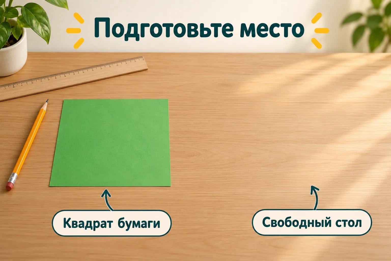 Квадрат бумаги и свободное место на столе для бумажной лягушки