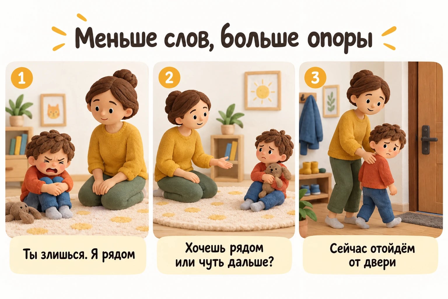 Меньше слов, больше опоры. Ты злишься. Я рядом; Хочешь рядом или чуть дальше?; Сейчас отойдём от двери.