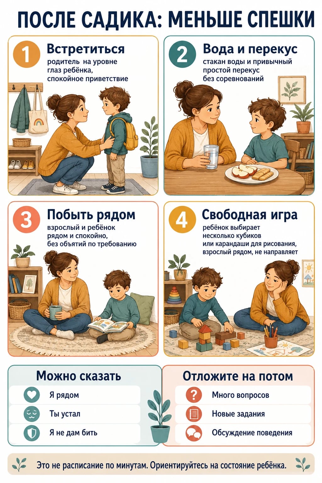 Четыре спокойных действия после сада: встретиться, предложить воду и перекус, побыть рядом и дать свободную игру; короткие поддерживающие фразы