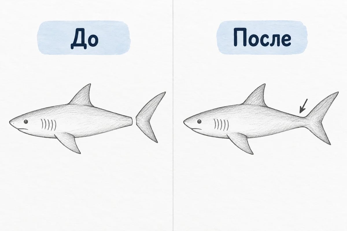 Ошибка соединения и исправление: условная акула в профиль, округлая голова слева, сужающееся тело и двухлопастный хвост справа, верхний и боковой плавники, пять отдельных жаберных штрихов за глазом