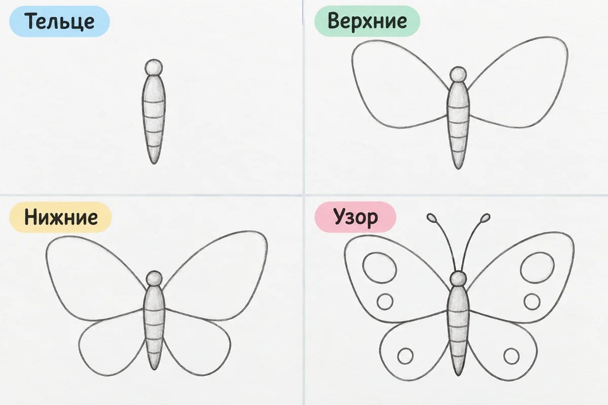 Четыре этапа рисунка бабочки сверху