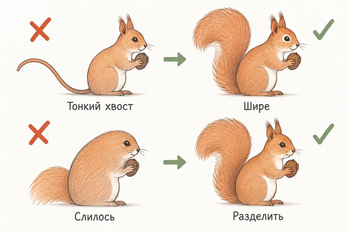 Исправление тонкого хвоста и слитого силуэта