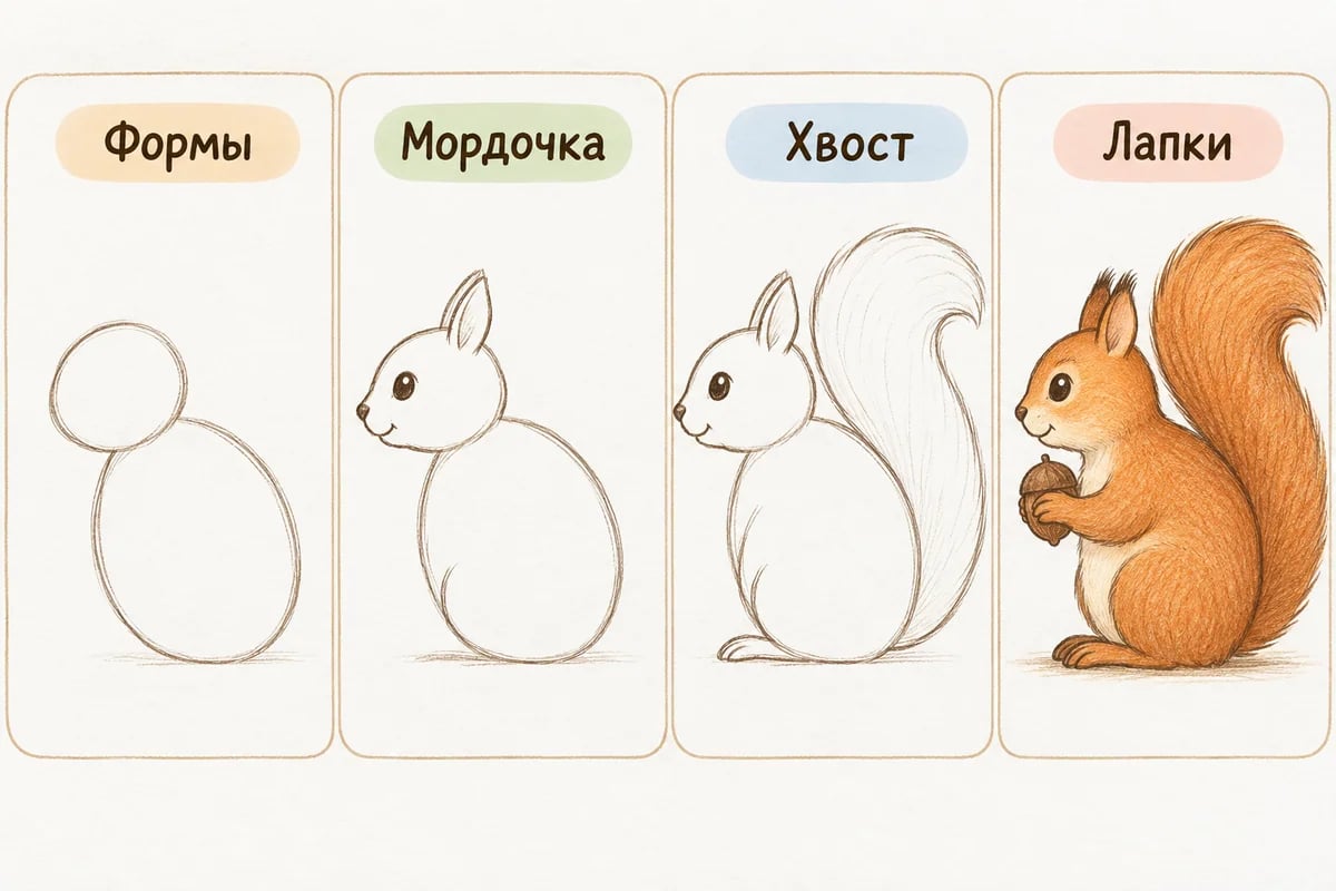 Четыре этапа рисунка белки сбоку