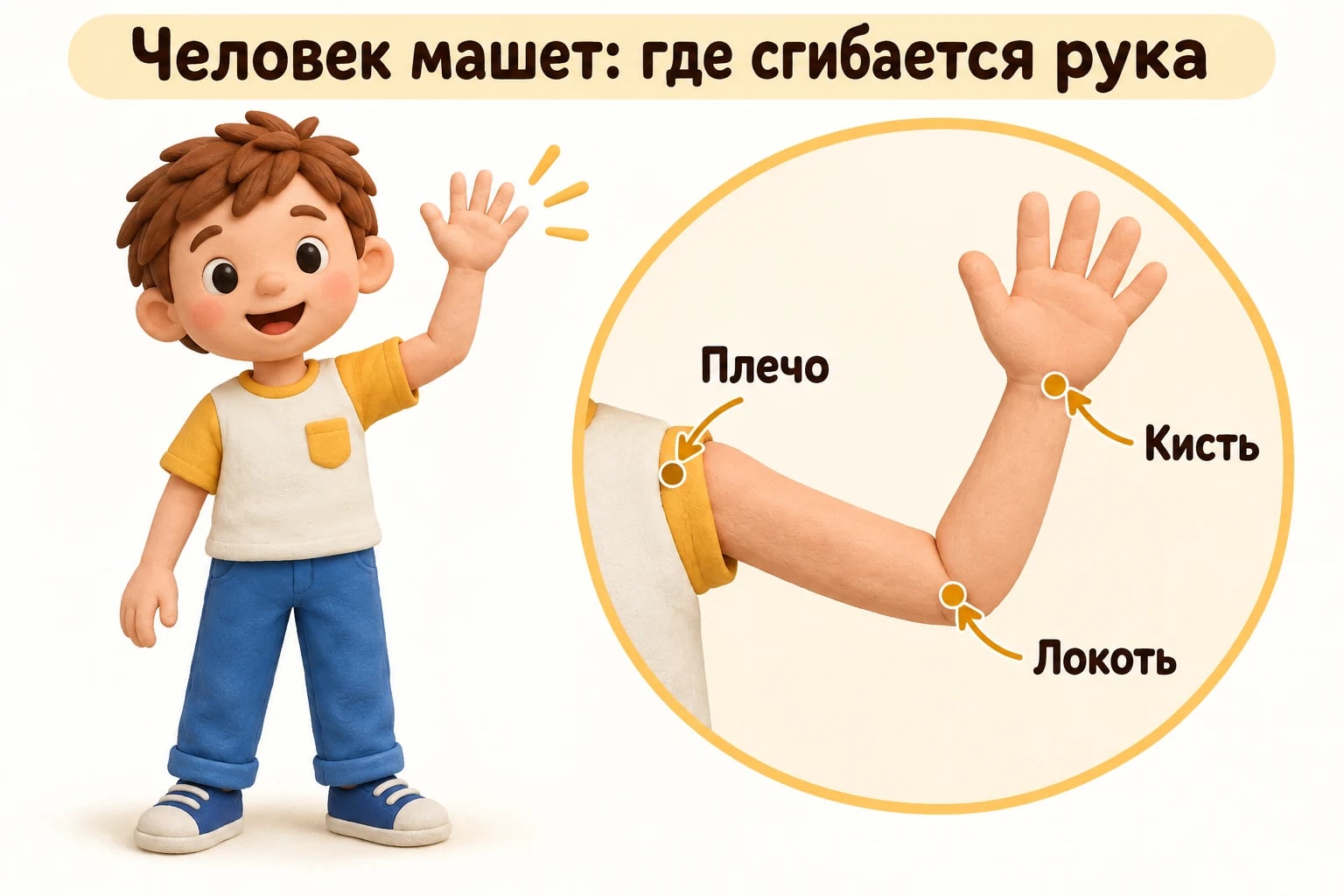 Человек машет: где сгибается рука. Плечо; Локоть; Кисть.
