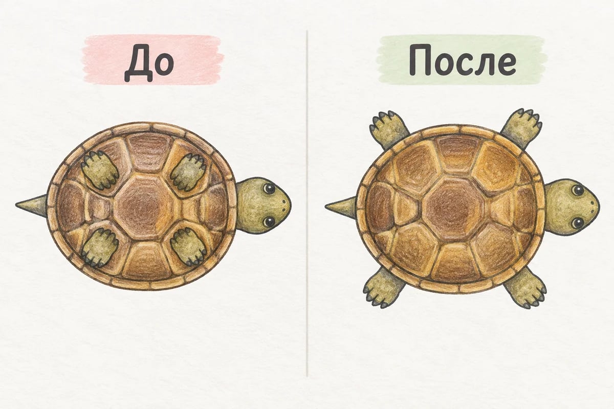 Вид сухопутной черепахи сверху головой вправо: четыре короткие лапы внутри панциря и исправление с лапами снаружи.