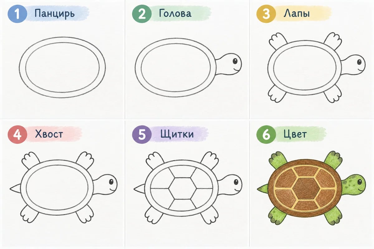 Последовательность: панцирь, голова, лапы, хвост, щитки, цвет