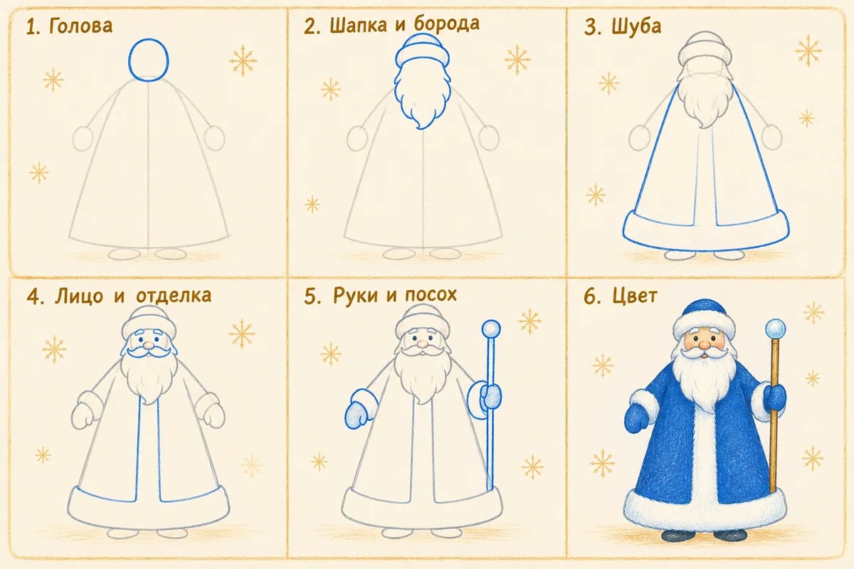 Шесть этапов Деда Мороза от головы до цветного рисунка