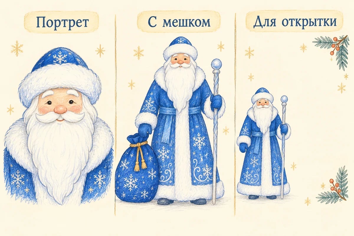 Портрет Деда Мороза, герой с мешком и композиция для открытки